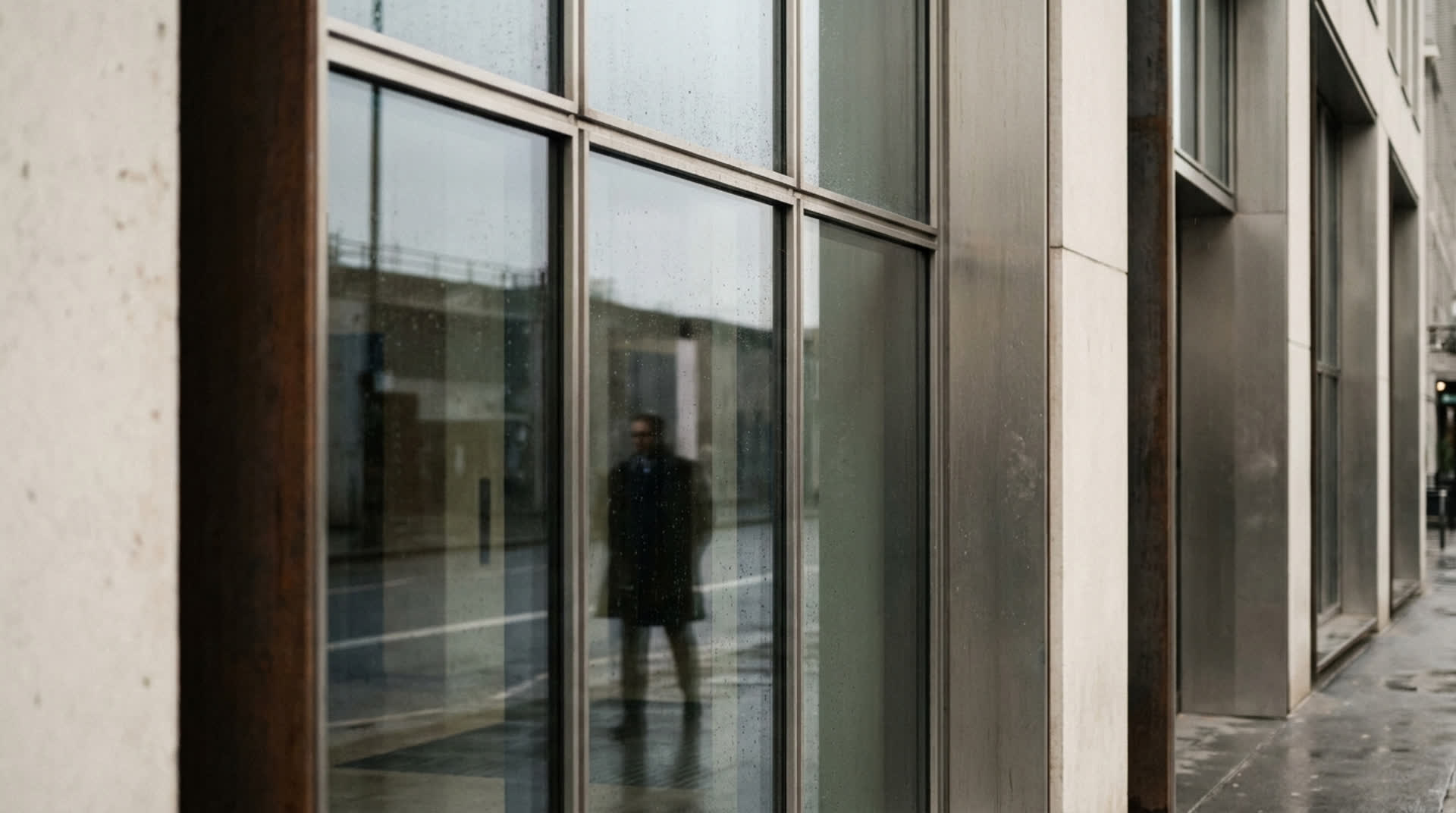 Glass and steel office facade under an overcast sky