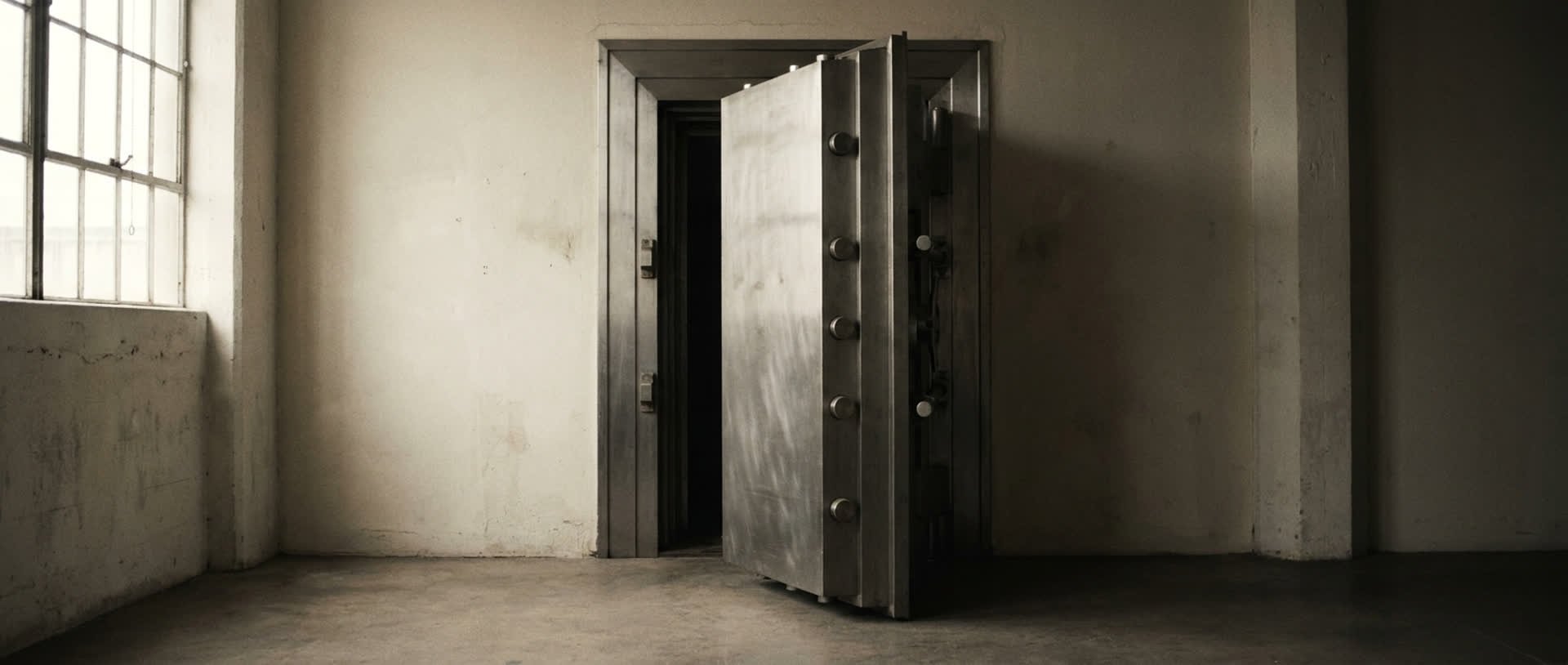 A steel vault door standing ajar in daylight